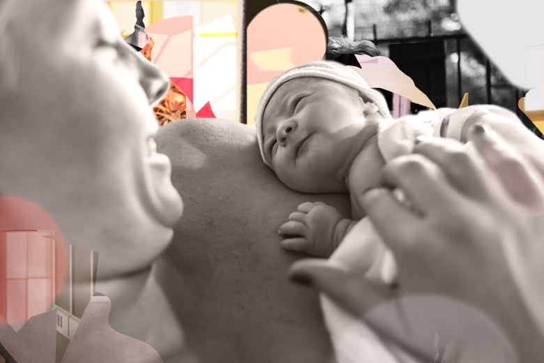 Woman cradling her newborn.